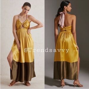 Anthropologie Silk Halter Maxi Dress Gold Olive Colorblock Cutout Size 10 NWT